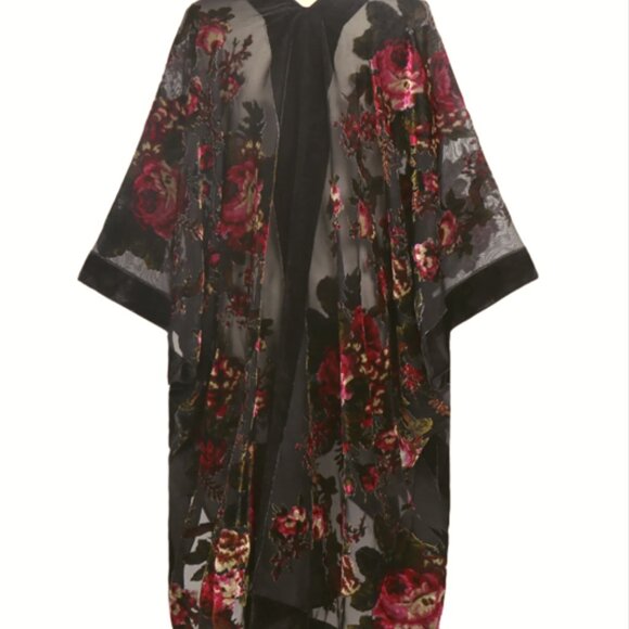 Romantic Black Rose Velvet Burnout Kimono Shawl, Boho Fall Cardigan - Picture 4 of 7